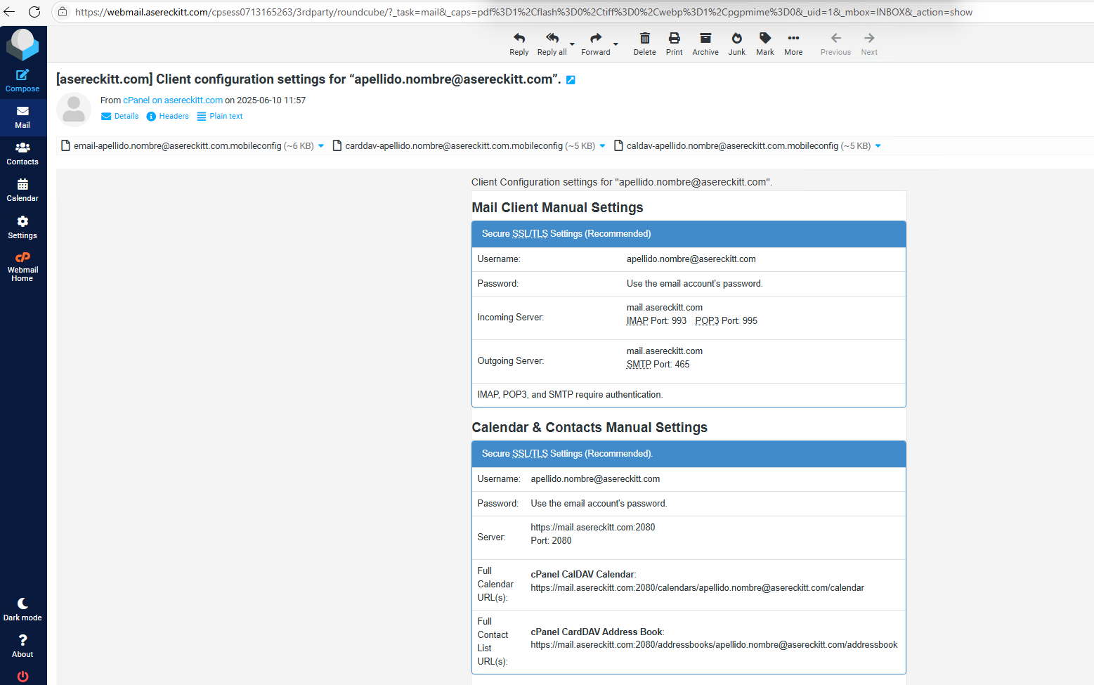 Correo con información de configuración técnica