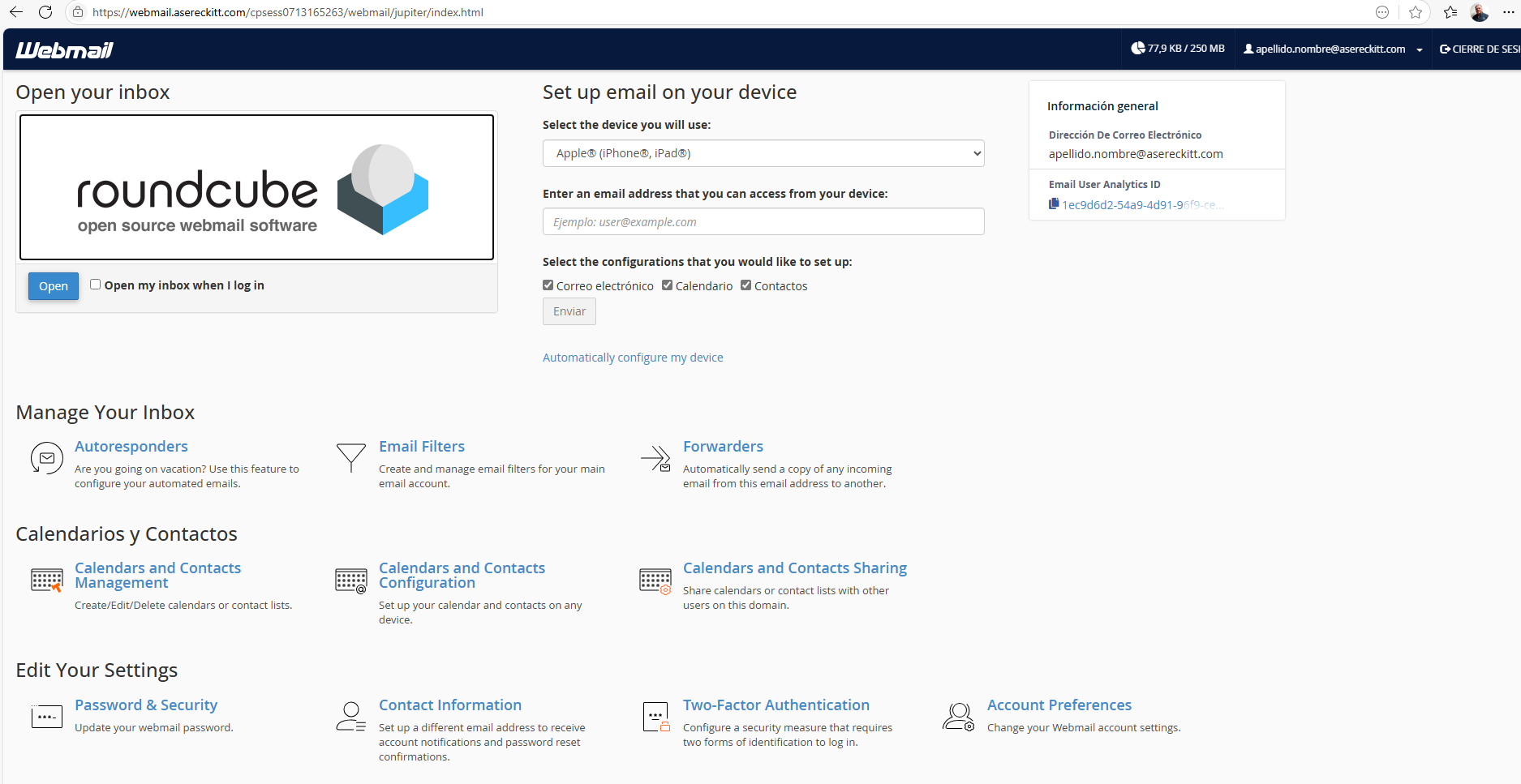 Panel inicial con opciones de Webmail